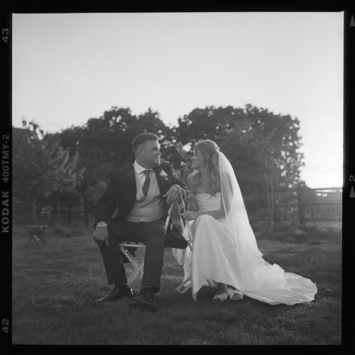 Bride and groom shot on black and white film